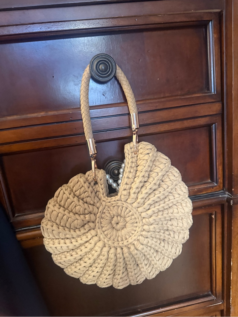 Source Unknown Beige Woven Round Tote with Braided Handle